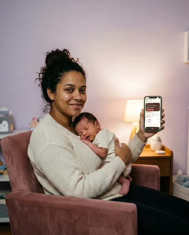Mãe sentada numa poltrona à noite, com o bebê dormindo num braço e o celular na outra mão.